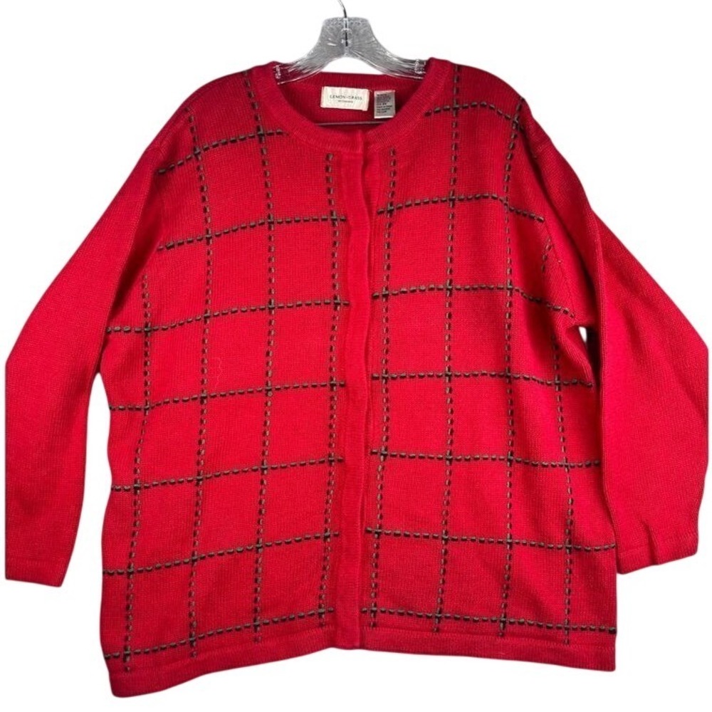 Vintage Lemon Grass Woman red embroidered‎ plaid sweater, Plus Size 2X, preppy